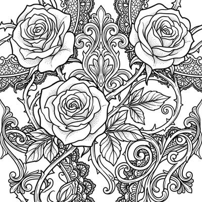 Explore the captivating elegance of our Gothic Dot Work Rose coloring page, featuring richly detailed roses adorned with delicate stippling. Immerse yourself in a world of ornate vines and intricate lace, perfect for an advanced coloring experience.
