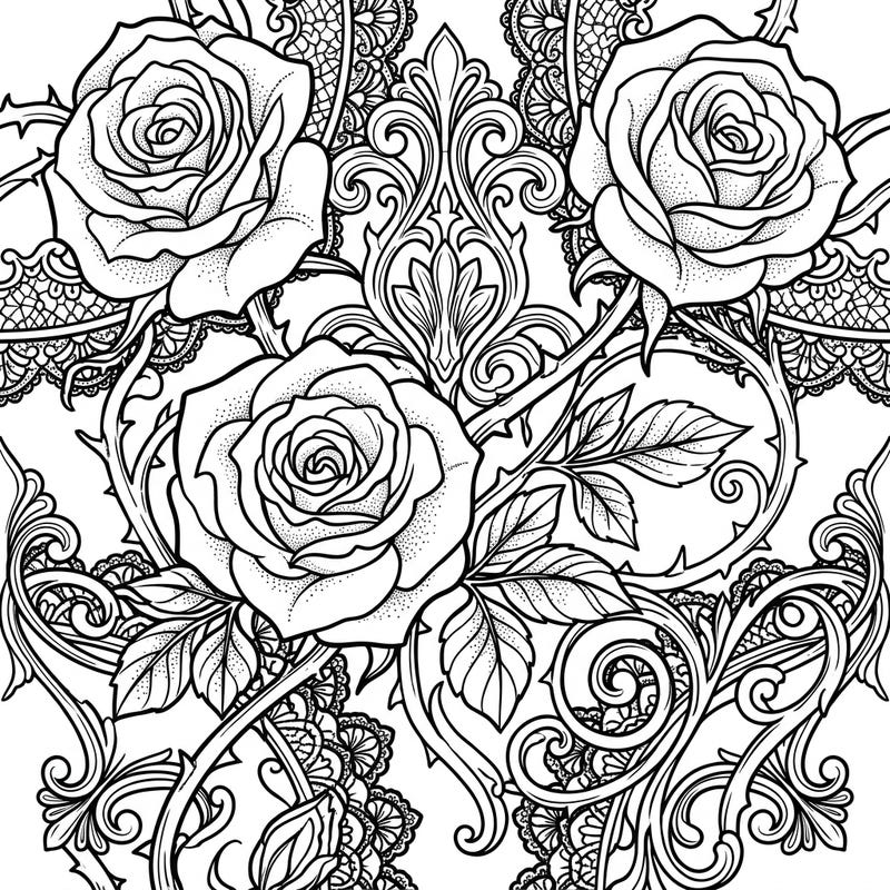 Explore the captivating elegance of our Gothic Dot Work Rose coloring page, featuring richly detailed roses adorned with delicate stippling. Immerse yourself in a world of ornate vines and intricate lace, perfect for an advanced coloring experience.