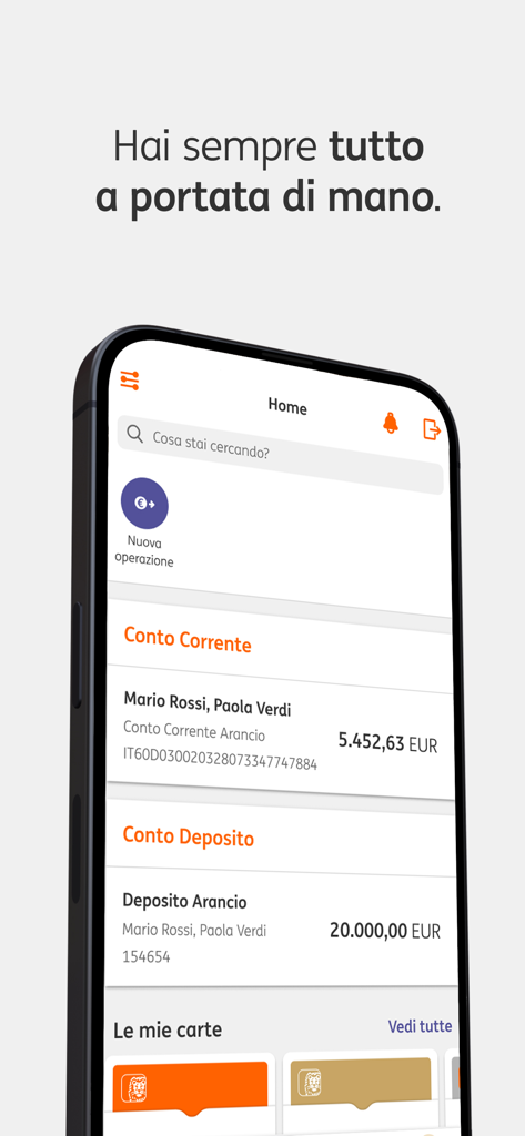 ING Italia - Banca Online - Schermata principale dell'app di mobile banking ING Italia che mostra i saldi dei conti e gli strumenti di gestione finanziaria.