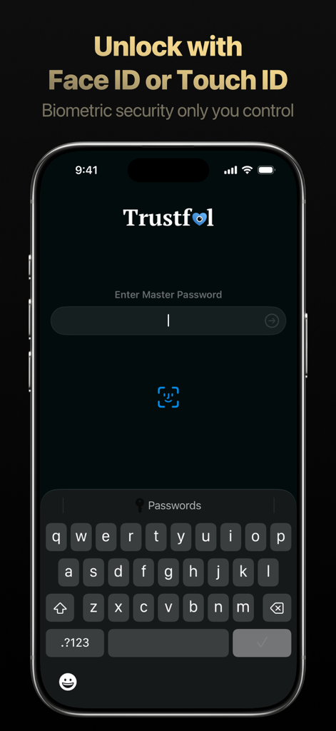 Trustful – Secret Photo Vault - Face IDとマスターパスワードオプションを備えたTrustfulアプリのロック解除画面。