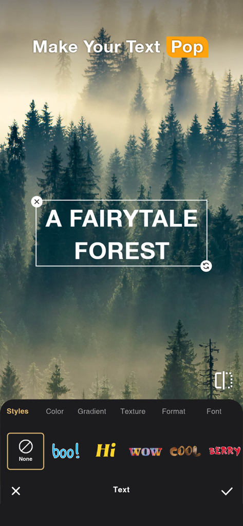 Interface de l'éditeur de photos Perfect365 Studio AI montrant le texte superposé et des options de polices stylées sur une image de forêt brumeuse.