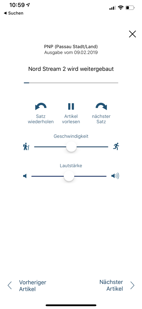 PNP ePaper - User interface of the PNP ePaper app showing audio playback controls for reading a news article out loud.