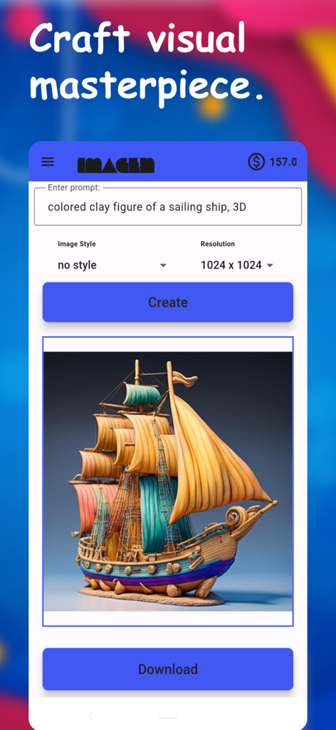 Imagen AIアプリのインターフェース。テキストプロンプトから生成された3Dクレイ製の帆船が表示されています。