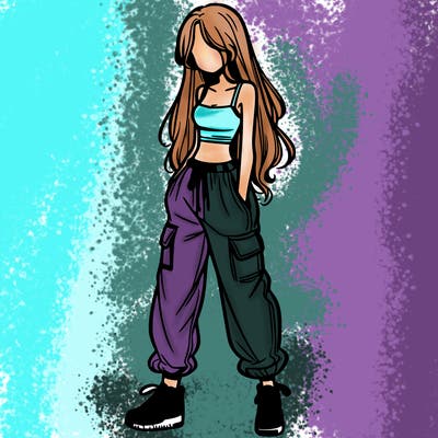 girl in baggy pants crop top and long hair