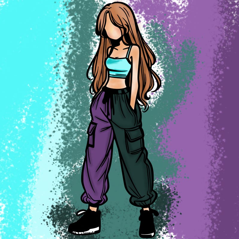 girl in baggy pants crop top and long hair