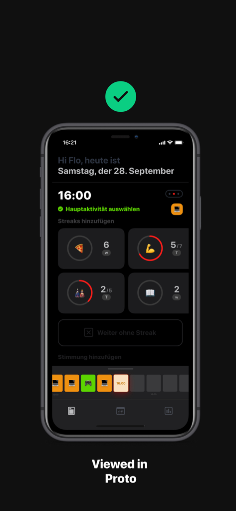 'Proto' for Figma - Proto for Figmaアプリを使用して、iPhoneにフルスクリーンで表示される高忠実度のモバイルアプリプロトタイプ。