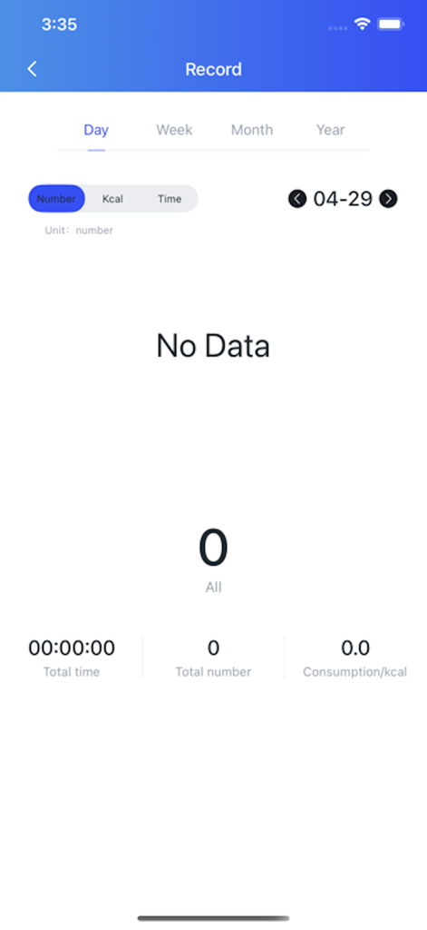 Enjoy rope skipping - Record screen of the Enjoy rope skipping app showing empty daily jump statistics including time, count, and calories.