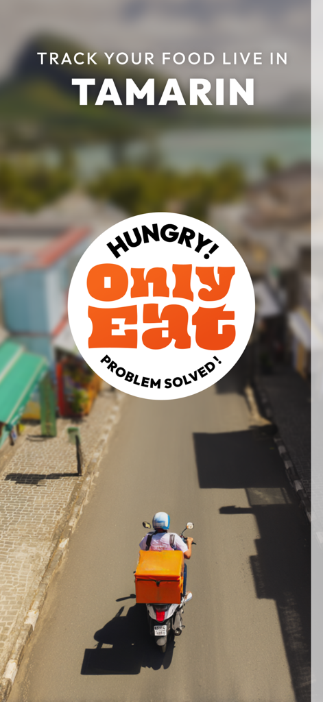 OnlyEat: Food Delivery - OnlyEat food delivery app splash screen featuring a delivery driver in Tamarin Mauritius and live tracking text