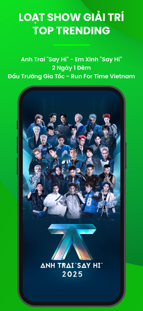 VieON app screen showcasing trending Vietnamese variety shows including Anh Trai Say Hi 2025