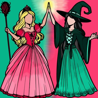 detailed realistic split of a princess and a witch
