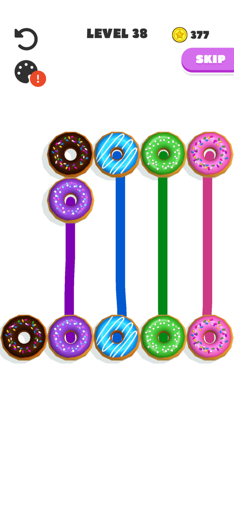 Connect Balls - Line Puzzle - - Jugabilidad de Connect Balls Line Puzzle mostrando donas de colores conectadas por líneas verticales no cruzadas en el nivel 38