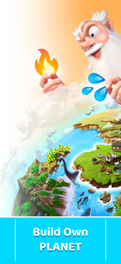 Doodle God: Alchemy Craft DIY - Un dios caricaturesco creando elementos sobre un mundo vibrante con el lema Crea tu propio planeta.