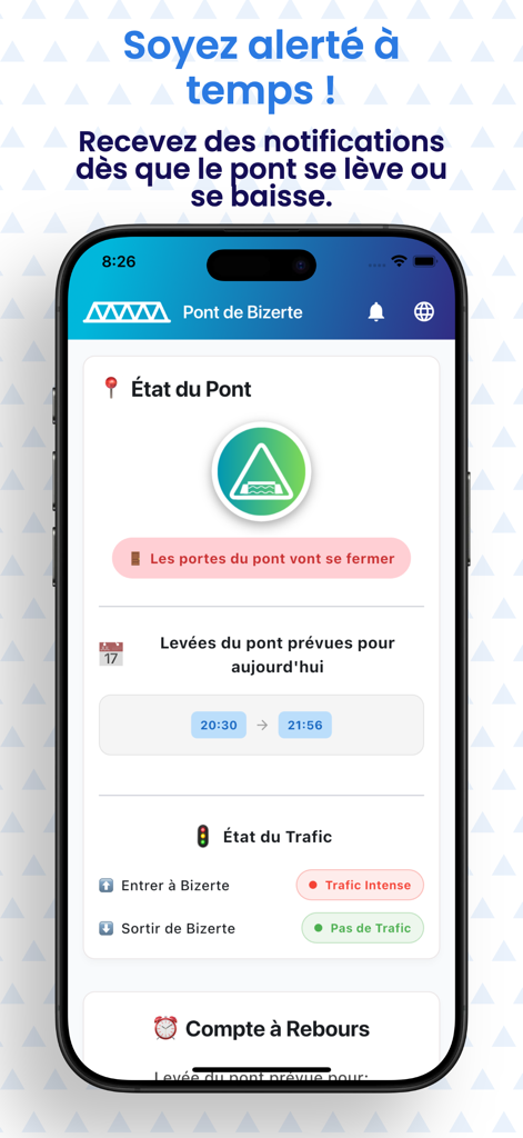 Pont-Bizerte.tn - Panel de la aplicación móvil Pont-Bizerte que muestra el estado del puente en tiempo real y la información del tráfico