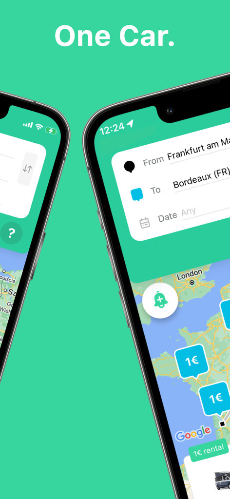 Movacar mobile App, die 1-Euro-Mietwagenangebote auf einer Karte und Routensuchoptionen anzeigt