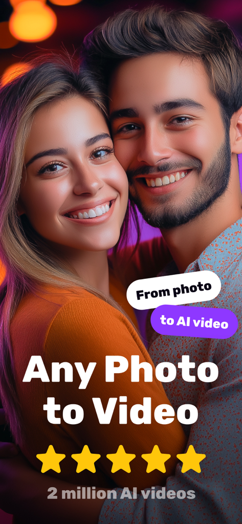 AI Effects Video Maker - App splash screen for AI Effects Video Maker showing a happy couple with the text Any Photo to Video and a five star rating.