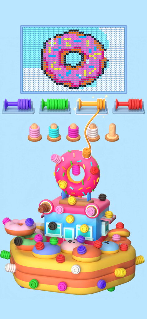 Wool Master 3D - Thread Sort - A 3D mobile game interface showing yarn thread sorting on a donut themed object with a hidden painting progress bar.