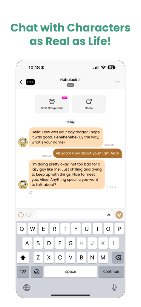 Mobile chat interface of Stipop showing a conversation with an AI character named Hubuluck