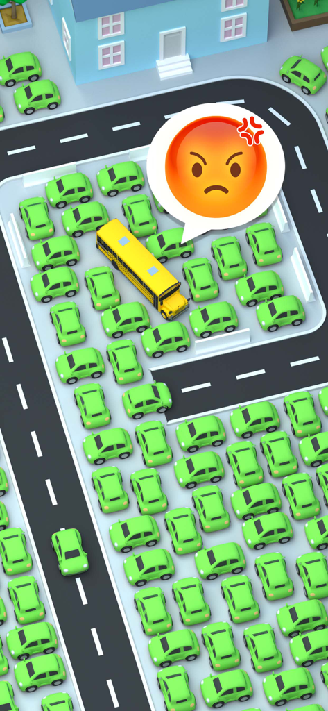 Car Out ™ - Uno scuolabus giallo bloccato in un parcheggio affollato con auto verdi e un'emoji arrabbiata