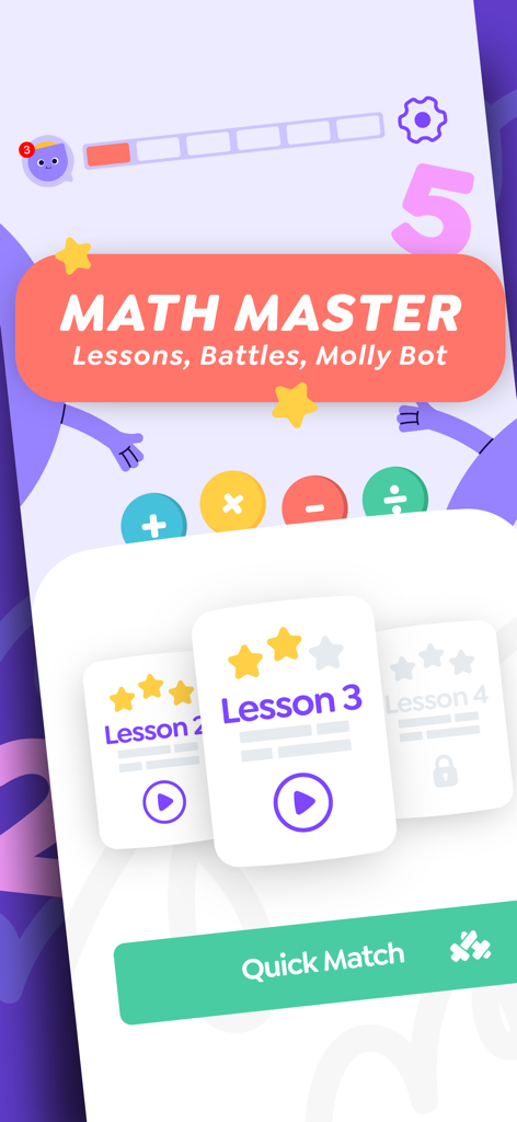 Learn Math : Cool Mathematic 1 - Math Master app interface showing lesson progress cards and a quick match button for math battles