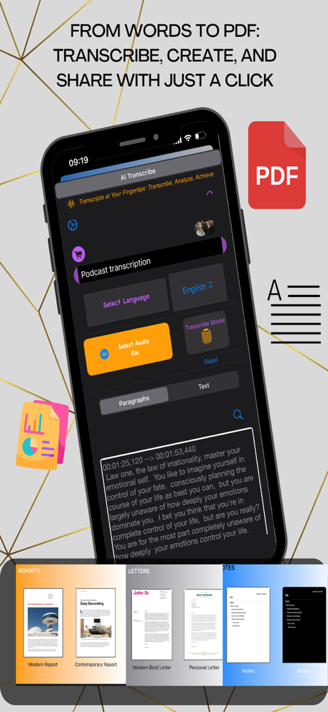 Smartphone displaying the AI Transcribe app interface with a podcast transcription and various document export templates for reports and letters.