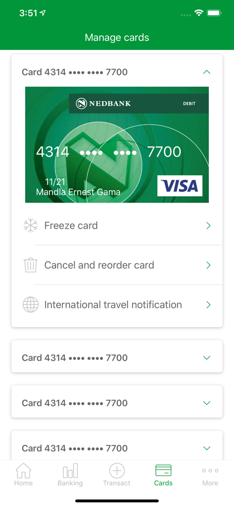 Nedbank Money (Africa) - Interface of the Nedbank Money Africa app showing options to freeze, cancel, or reorder a debit card