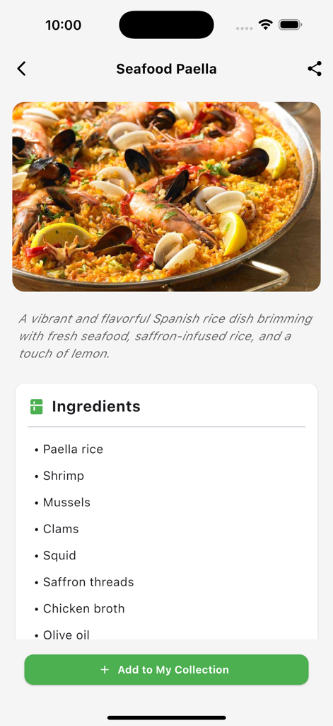 AI Food Recipe Identifier - Interface de l'application mobile affichant une recette de paella aux fruits de mer et sa liste d'ingrédients
