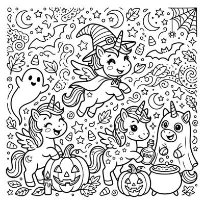 Dive into the enchanting world of Halloween with our adorable baby unicorns coloring page! Featuring playful ponies dressed up for spooky fun, this printable is perfect for a magical coloring adventure.