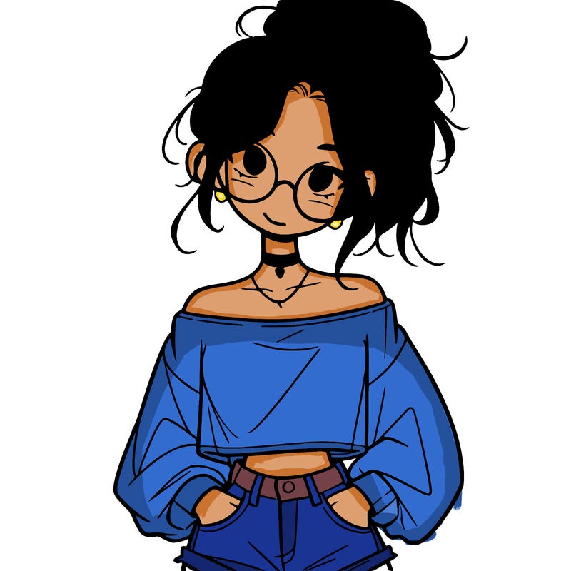 girl with a messy ponytail glasses a baggy crop top and jean shorts