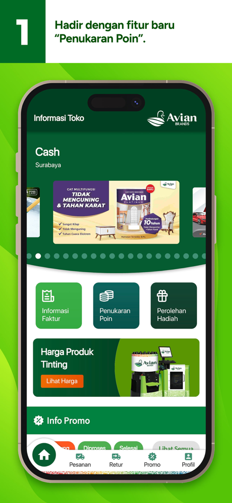 Avian Brands - La schermata principale dell'applicazione B2B Avian Brands per rivenditori di vernici con riscatto punti e informazioni sul negozio