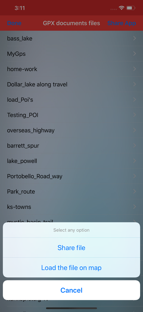 Gpx Viewer-Gpx Converter app - A list of stored GPX files with a pop-up menu showing options to share the file or load it on the map.