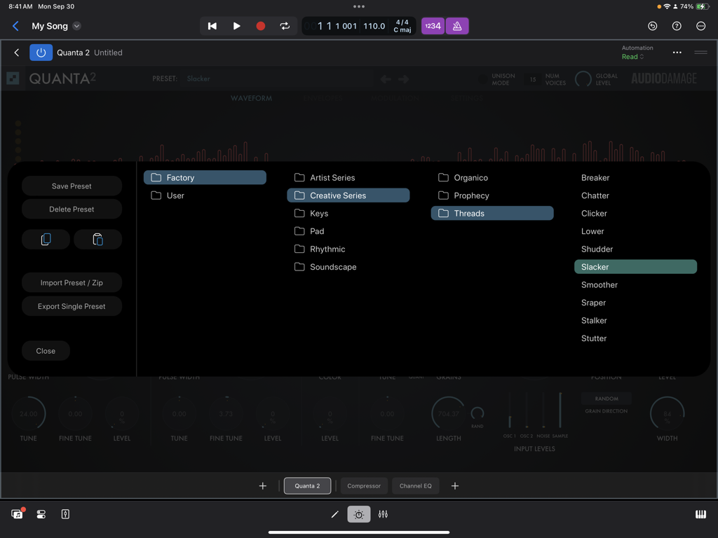 Quanta 2 granular synthesizer preset selection menu on iPad