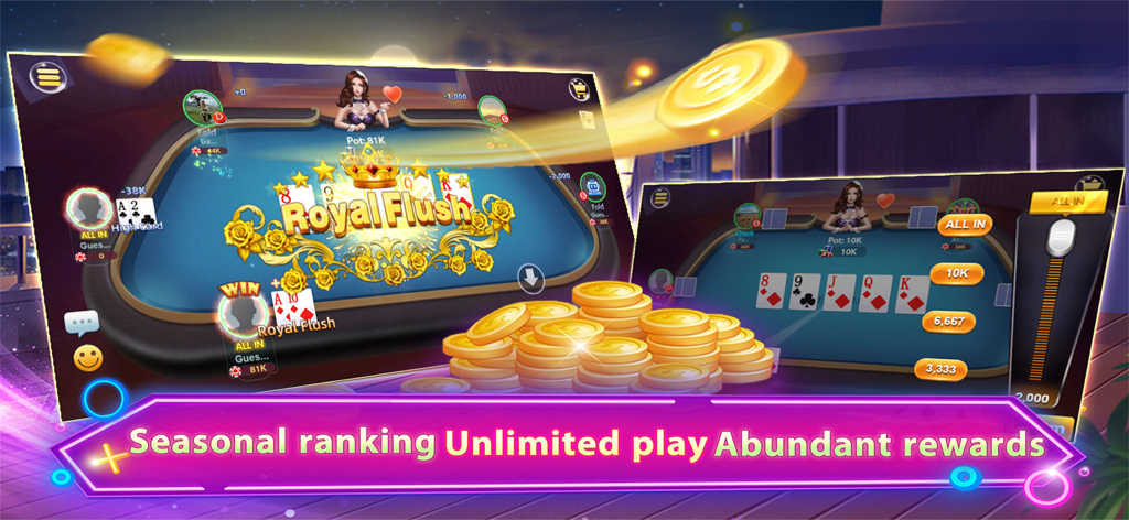 Монгол 13 - Juego de cartas móvil Mongol 13 que muestra una victoria de escalera real y una mesa de póker virtual
