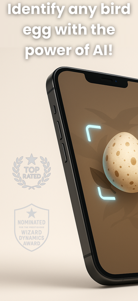 Bird Egg Identifier: AI Scan - A smartphone displaying the Bird Egg Identifier app scanning a bird egg with AI technology.