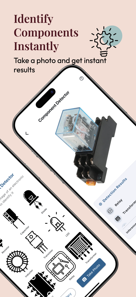 Ohmify - electronics tools - Ohmify app interface showing the camera feature identifying an electronic relay component