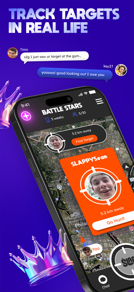 SLAP app interface showing a real-life map to track targets for game eliminations