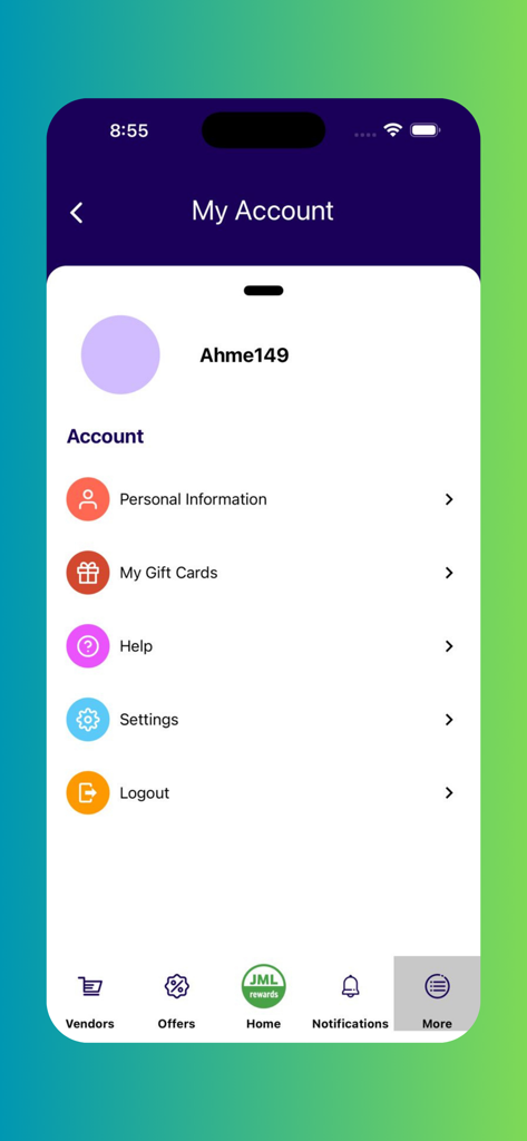 The account profile screen of the JML Rewards app displaying settings for personal information and gift cards