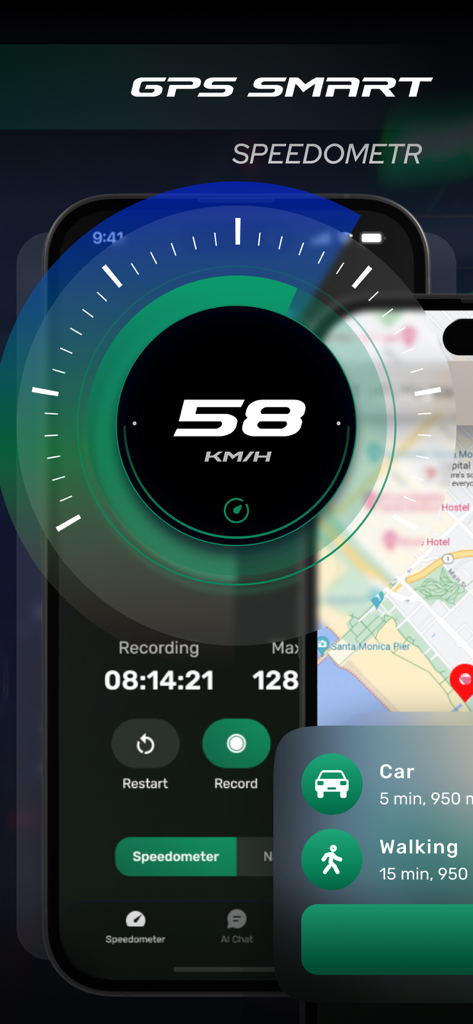 GPS Speedometer – MPH Tracker - 旅行記録統計と地図ビューを備えたキロメートル毎時の速度を示す高コントラストデジタルスピードメーターインターフェース
