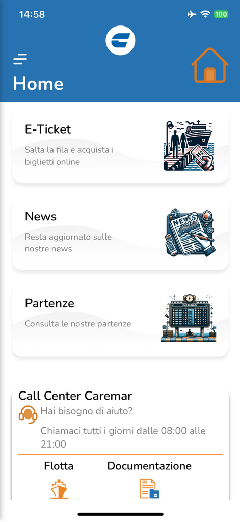 MyCaremar - Home screen of the MyCaremar ferry app showing options for e-tickets, news, and departures