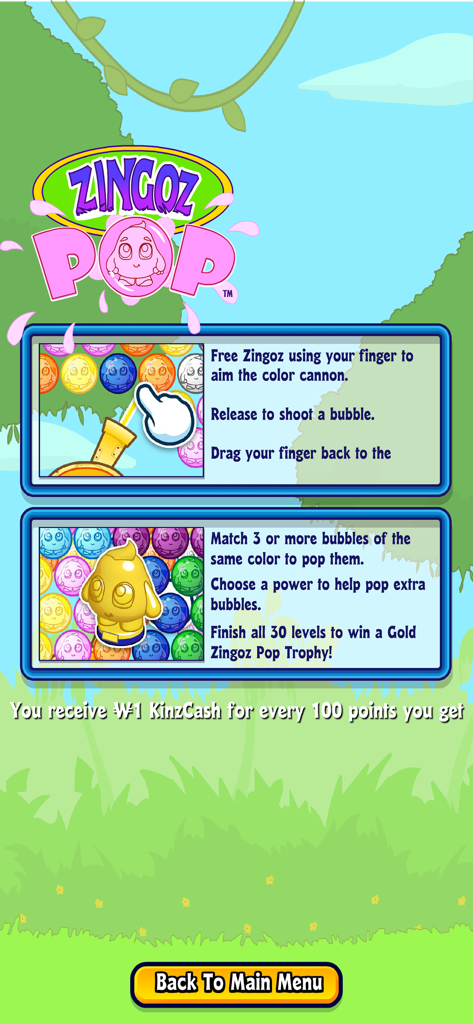 Instructions screen for Zingoz Pop explaining bubble shooter mechanics and how to earn KinzCash