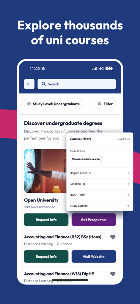 Screenshot of Uni Compare app showing university course search results and filter options for UK degree programs.