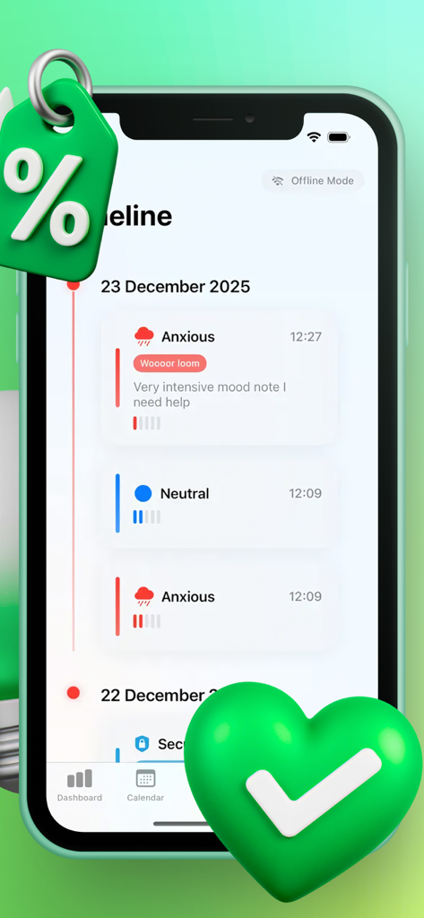 СБЕР Инвестиции - MoodWallet mobile app screenshot showing a timeline of daily mood entries like anxious and neutral