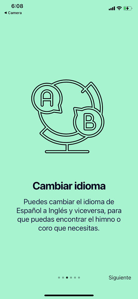 Language selection screen in the Himnario IDMJI app showing options to switch between Spanish and English