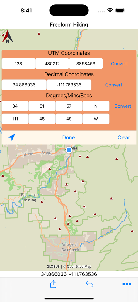 Sedona Hiking app interface showing a coordinate converter tool for UTM and GPS coordinates over a detailed trail map of Sedona Arizona