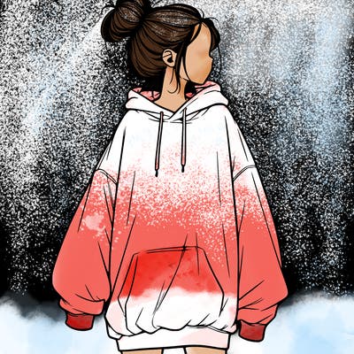 realistic girl with a oversized sweatshirt on and a bun