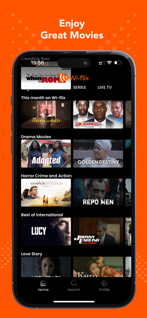 Wi-flix - Pantalla de inicio de la aplicación Wi-flix mostrando varias categorías de películas africanas e internacionales