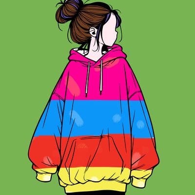 realistic girl with a oversized sweatshirt on and a bun