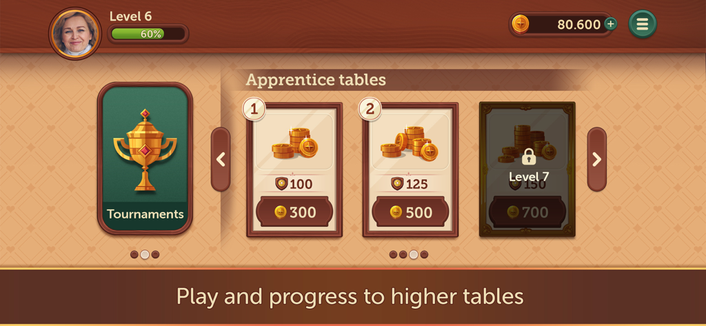 Canasta Fun & Friends - アンロック可能なカードテーブルとプレイヤーの進行状況を示すカナスタゲームメニュー