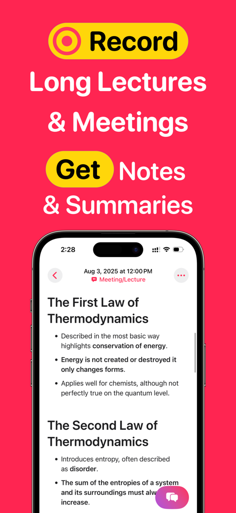 Voice Notes AI Notetaker ZIVO - Interfaz de la aplicación ZIVO mostrando un resumen y notas generados por IA de una conferencia grabada sobre termodinámica.