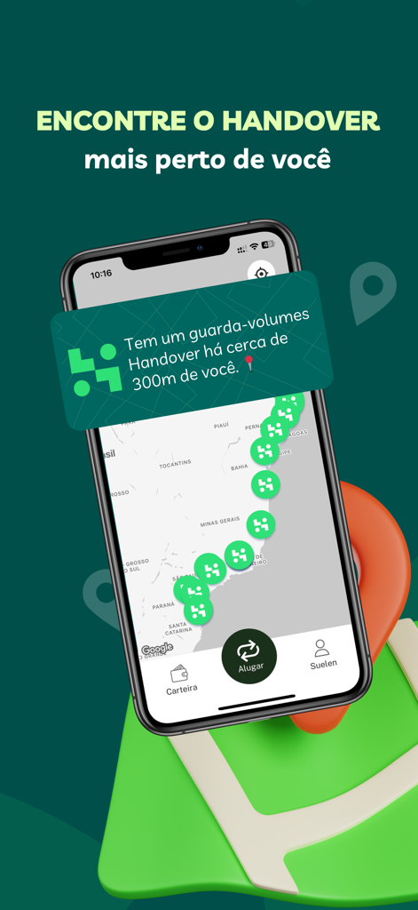 Handover: Luggage Smart Locker - Smartphone screen showing the Handover app map with nearby luggage locker locations.