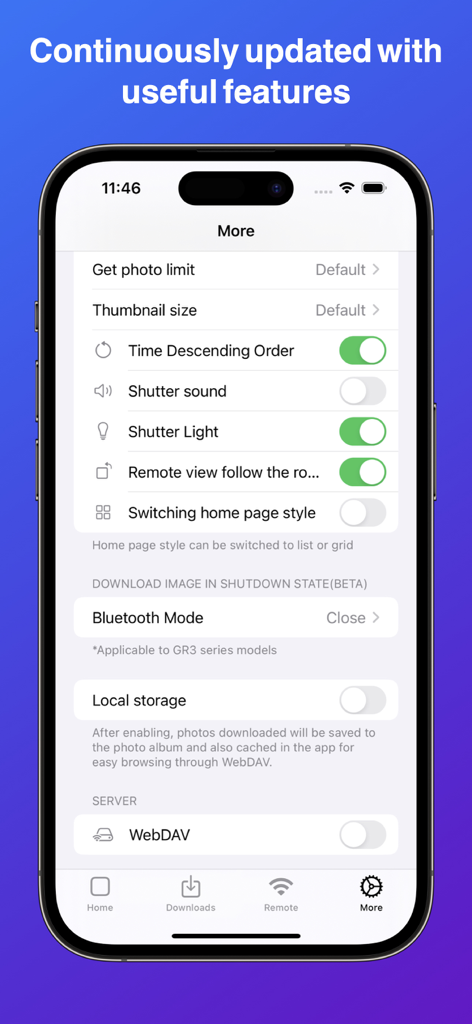 GR Lover - GR World - Settings menu of the GR Lover app for Ricoh GR cameras showing options for Bluetooth mode shutter sounds and WebDAV server